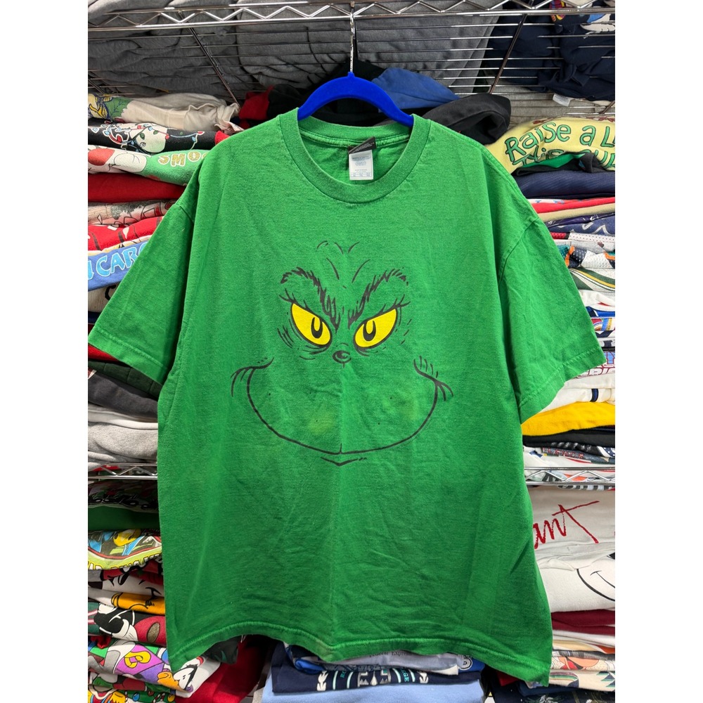 Vintage Y2k Dr Seuss The Grinch Face Graphic T-Shirt Mens XL Green Christmas Tee